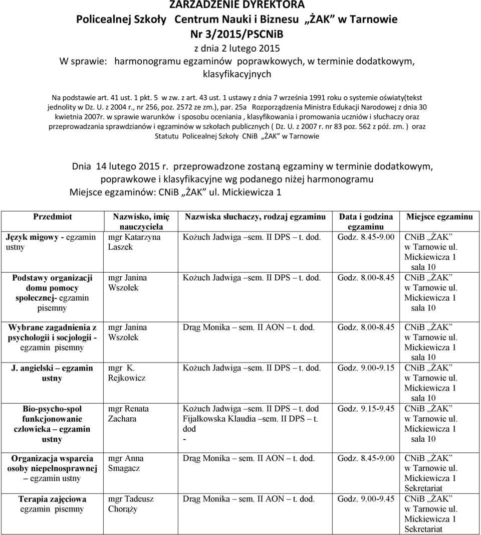 ) oraz Statutu Policealnej Szkoły Tarnowie Miejsce egzaminów: CNiB ŻAK ul.