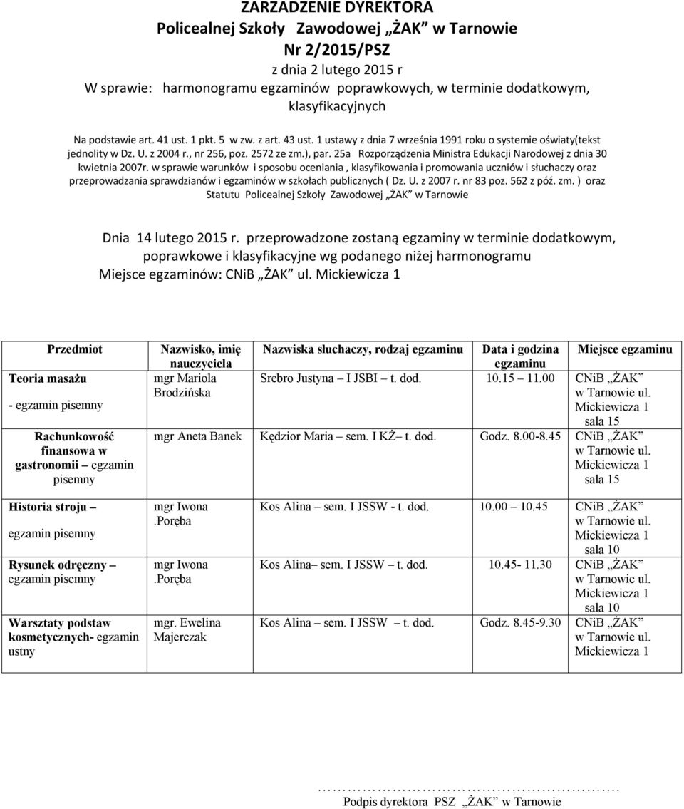 ) oraz Statutu Policealnej Szkoły Zawodowej ŻAK w Tarnowie Miejsce egzaminów: CNiB ŻAK ul.