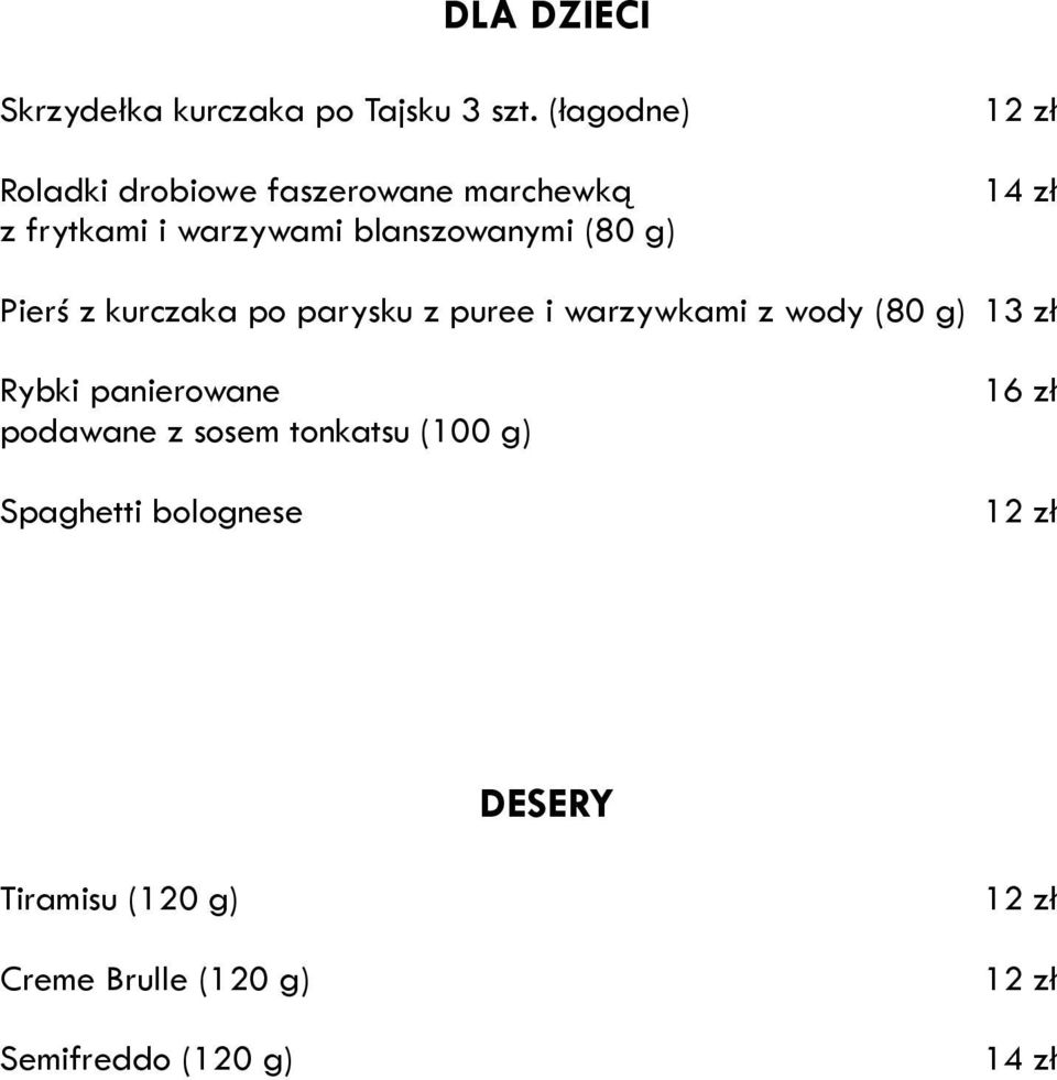 g) 14 zł Pierś z kurczaka po parysku z puree i warzywkami z wody (80 g) 13 zł Rybki