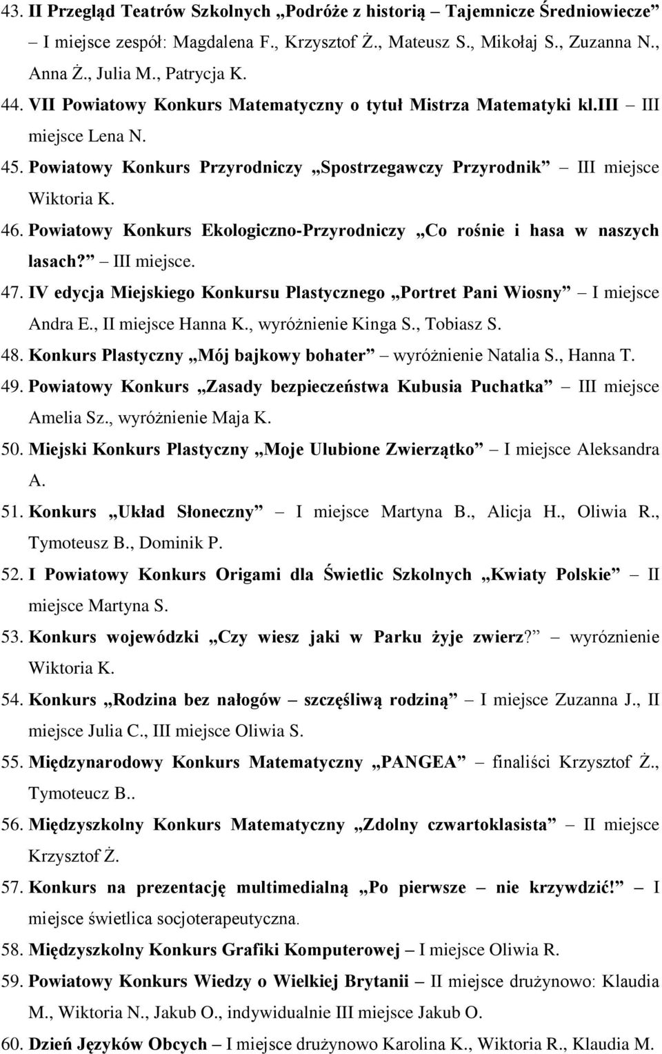 Powiatowy Konkurs Ekologiczno-Przyrodniczy Co rośnie i hasa w naszych lasach? III miejsce. 47. IV edycja Miejskiego Konkursu Plastycznego Portret Pani Wiosny I miejsce Andra E., II miejsce Hanna K.