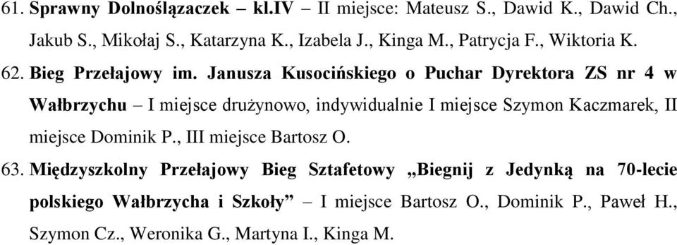 Janusza Kusocińskiego o Puchar Dyrektora ZS nr 4 w Wałbrzychu I miejsce drużynowo, indywidualnie I miejsce Szymon Kaczmarek, II miejsce