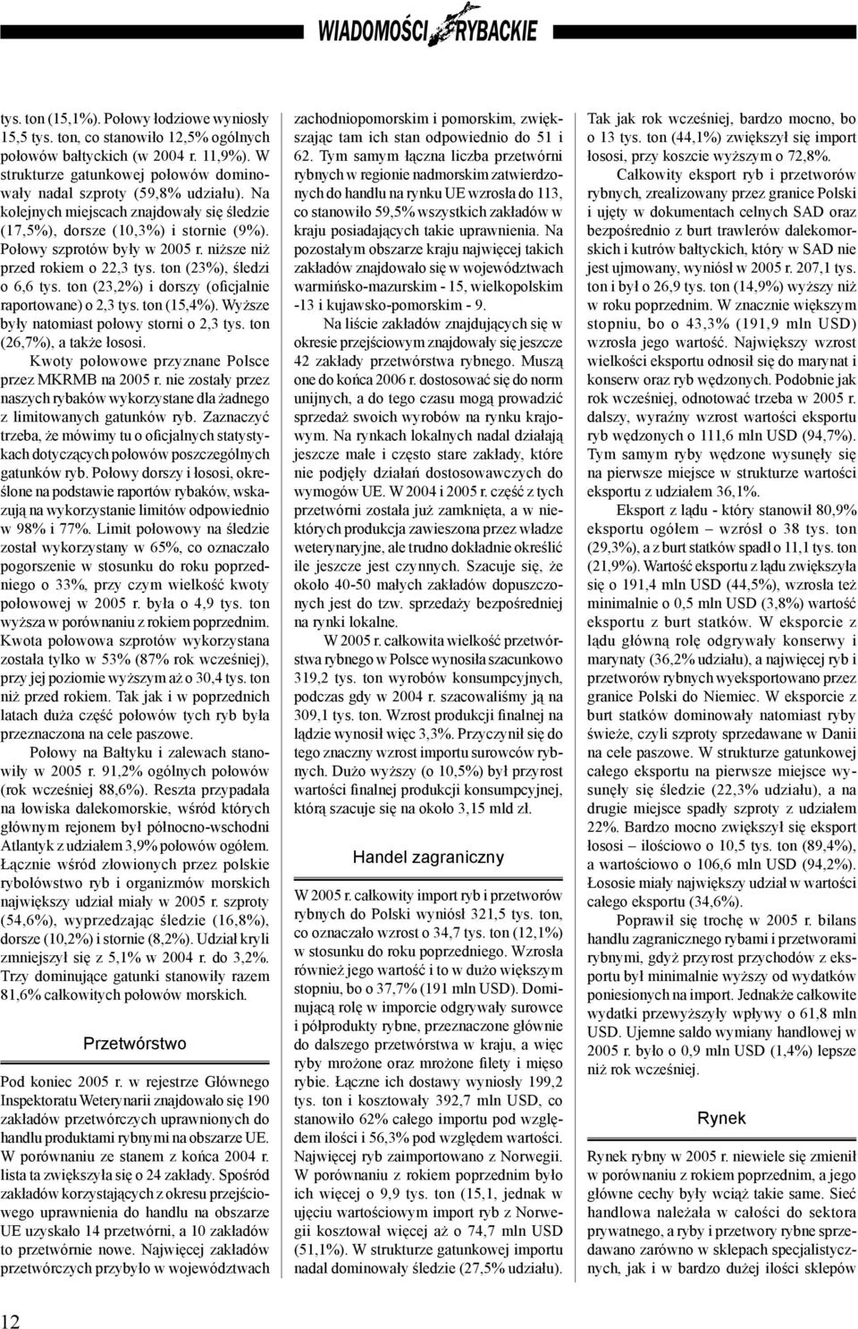 niższe niż przed rokiem o 22,3 tys. ton (23%), śledzi o 6,6 tys. ton (23,2%) i dorszy (oficjalnie raportowane) o 2,3 tys. ton (15,4%). Wyższe były natomiast połowy storni o 2,3 tys.