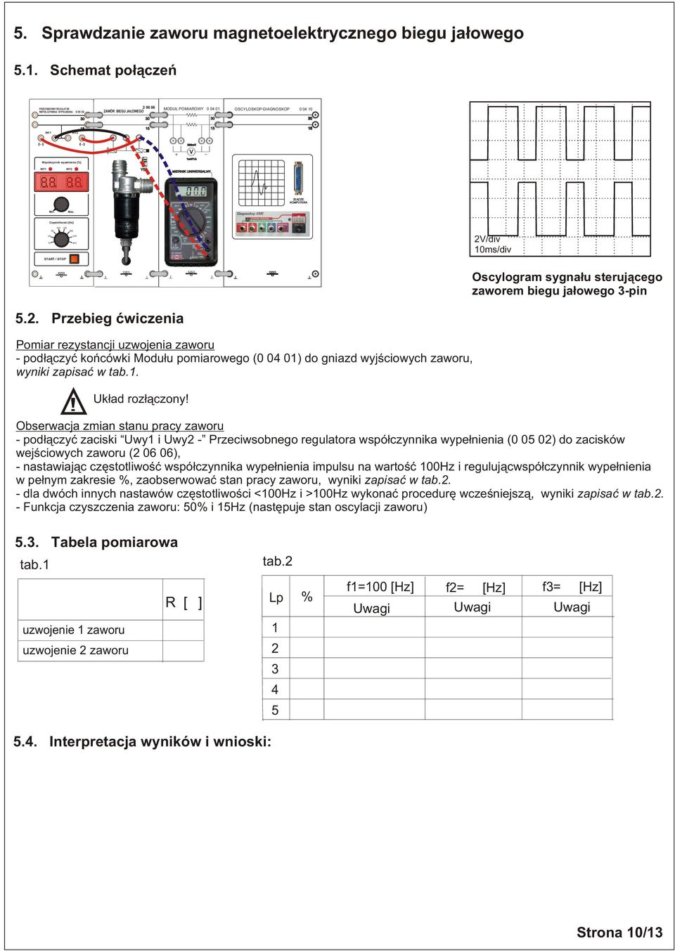 CZE KOMPUTERA Min. Max. Czêstotliwoœæ [Hz] 00 0 0 00 0 00 START / STOP V/div 0ms/div Oscylogram sygna³u steruj¹cego zaworem biegu ja³owego -pin.