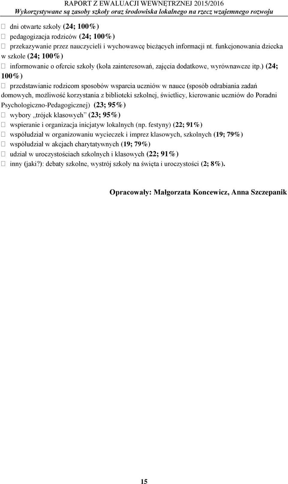 ) (24; 100%) przedstawianie rodzicom sposobów wsparcia uczniów w nauce (sposób odrabiania zadań domowych, możliwość korzystania z biblioteki szkolnej, świetlicy, kierowanie uczniów do Poradni
