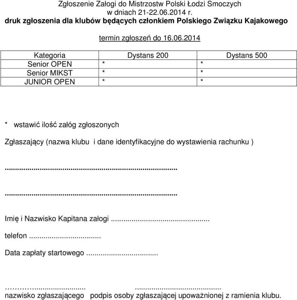 2014 Kategoria Dystans 200 Dystans 500 Senior OPEN * * Senior MIKST * * JUNIOR OPEN * * * wstawić ilość załóg zgłoszonych Zgłaszający