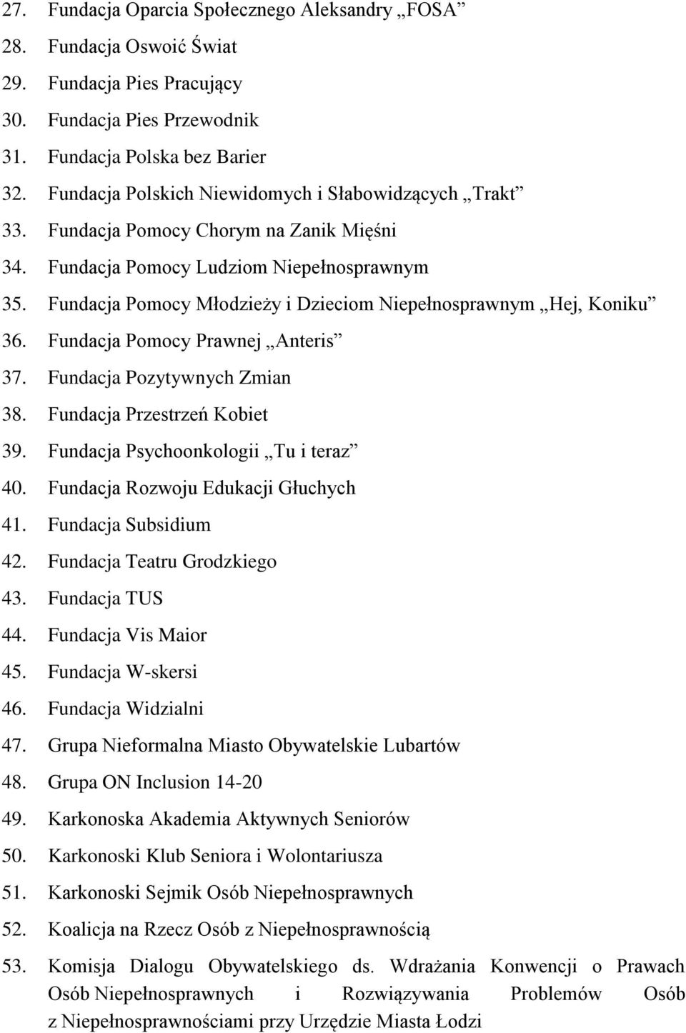 Fundacja Pomocy Młodzieży i Dzieciom Niepełnosprawnym Hej, Koniku 36. Fundacja Pomocy Prawnej Anteris 37. Fundacja Pozytywnych Zmian 38. Fundacja Przestrzeń Kobiet 39.