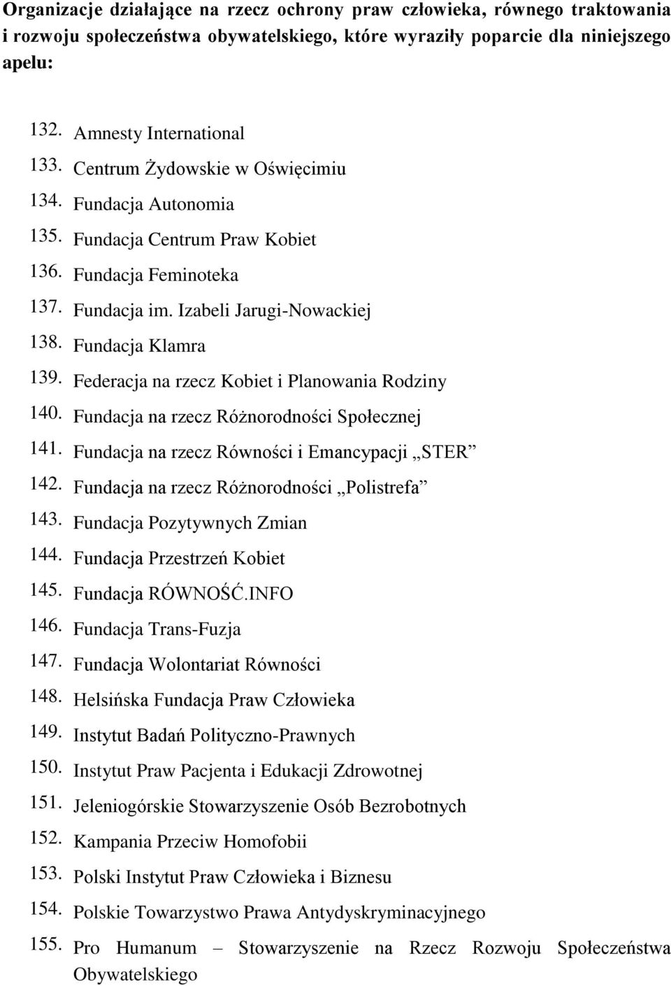 Federacja na rzecz Kobiet i Planowania Rodziny 140. Fundacja na rzecz Różnorodności Społecznej 141. Fundacja na rzecz Równości i Emancypacji STER 142. Fundacja na rzecz Różnorodności Polistrefa 143.