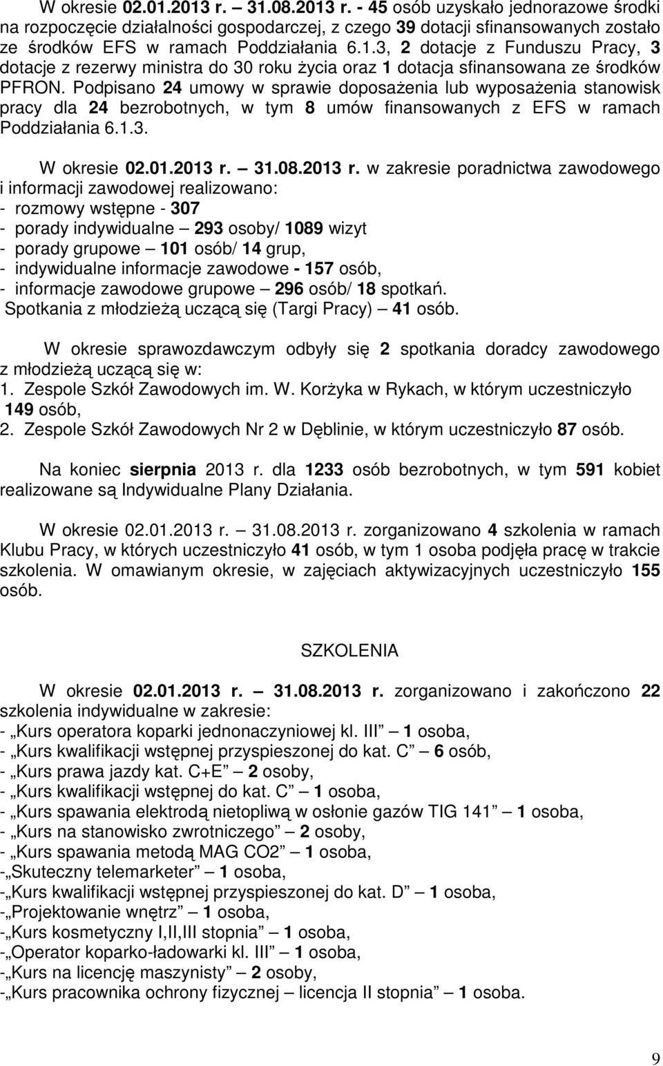 Podpisano 24 umowy w sprawie doposażenia lub wyposażenia stanowisk pracy dla 24 bezrobotnych, w tym 8 umów finansowanych z EFS w ramach Poddziałania 6.1.3. W okresie 02.01.2013 r.