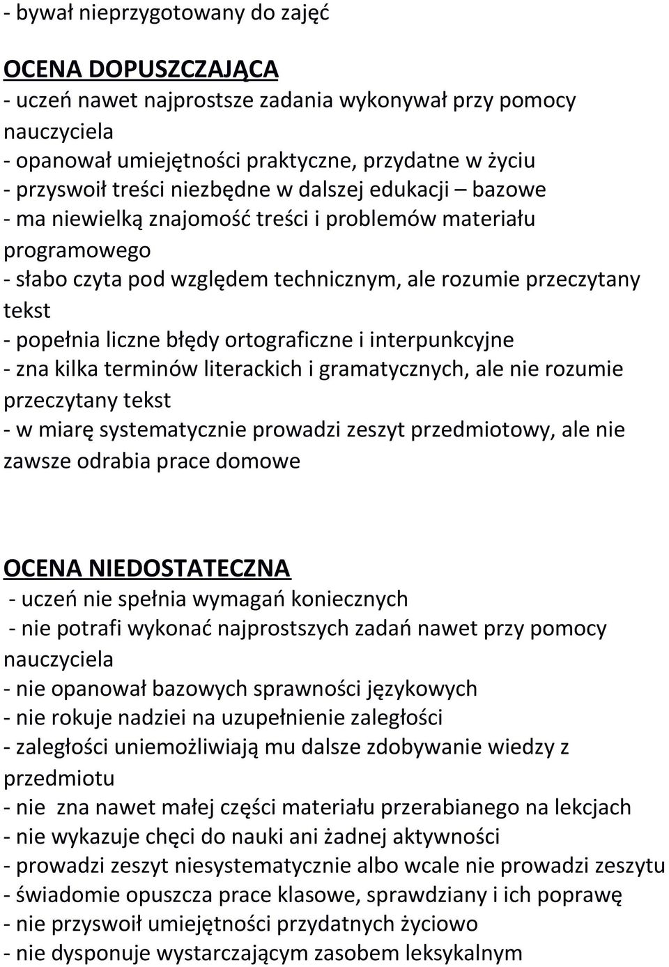 ortograficzne i interpunkcyjne - zna kilka terminów literackich i gramatycznych, ale nie rozumie przeczytany tekst - w miarę systematycznie prowadzi zeszyt przedmiotowy, ale nie zawsze odrabia prace