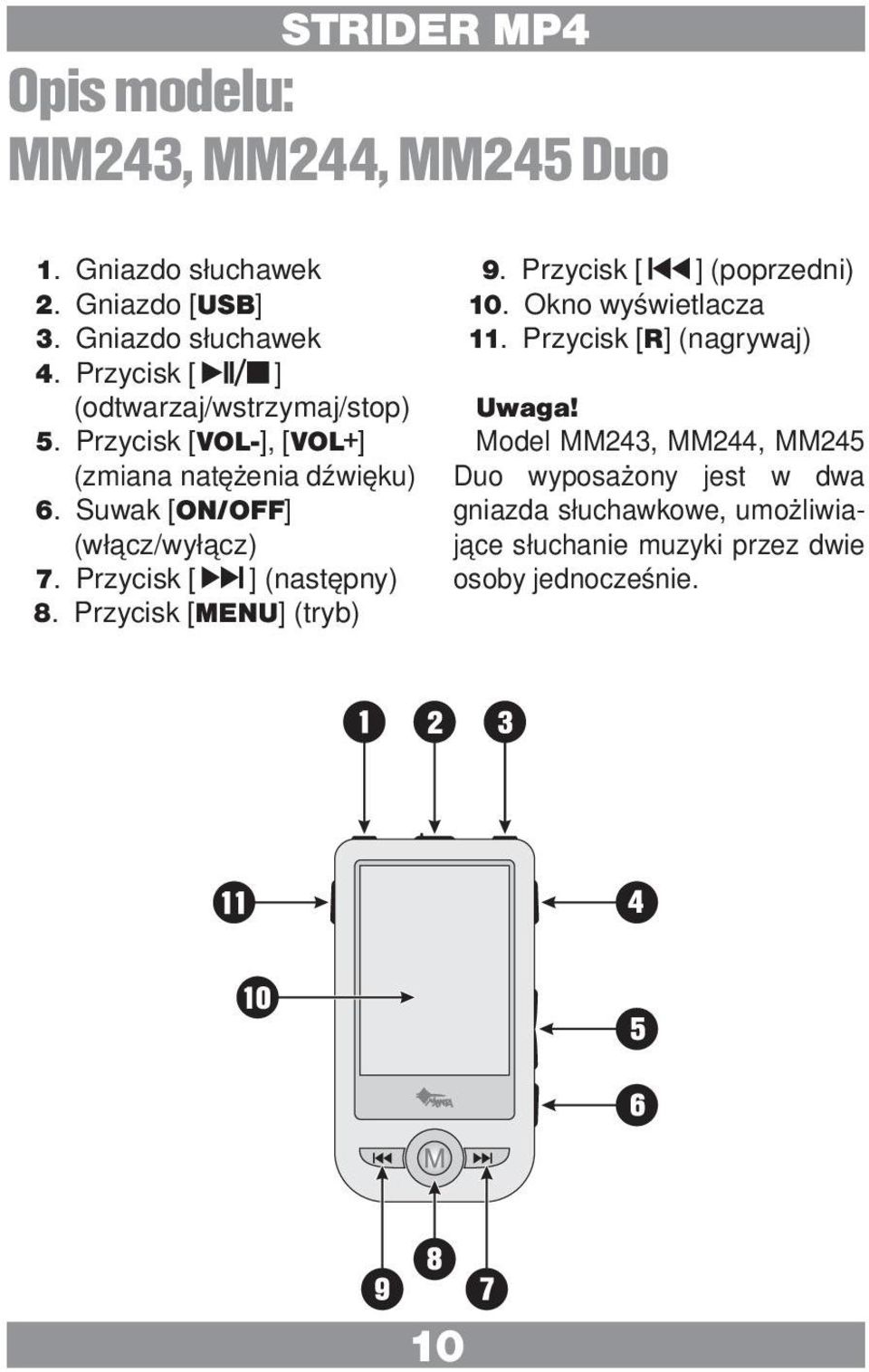 Suwak [ON/OFF] (włącz/wyłącz) 7. Przycisk [ ] (następny) 8. Przycisk [MENU] (tryb) 9. Przycisk [ ] (poprzedni) 10.