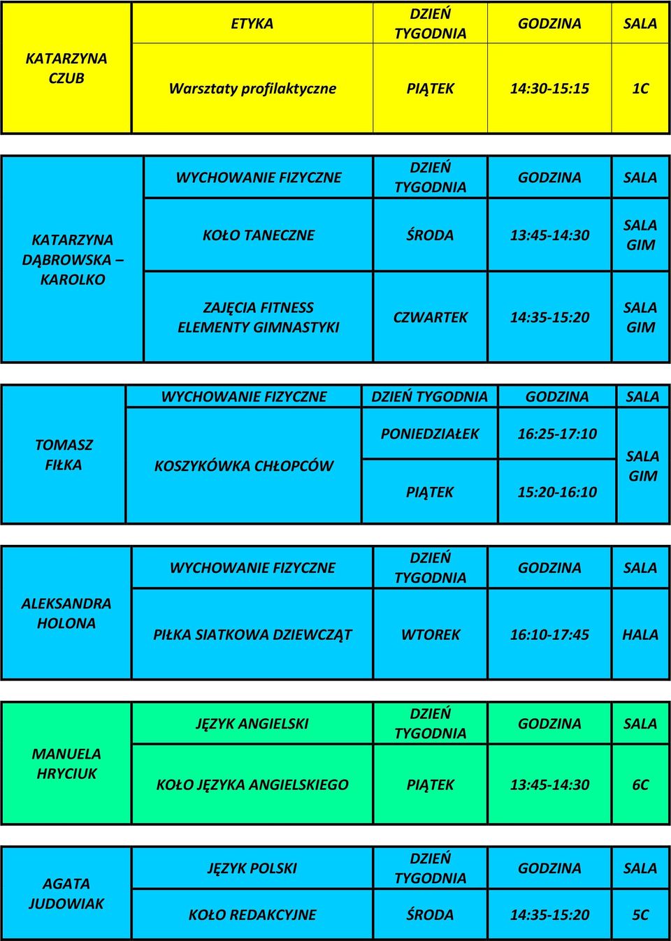 PONIEDZIAŁEK 16:25-17:10 PIĄTEK 15:20-16:10 GIM ALEKSANDRA HOLONA PIŁKA SIATKOWA DZIEWCZĄT WTOREK 16:10-17:45 HALA