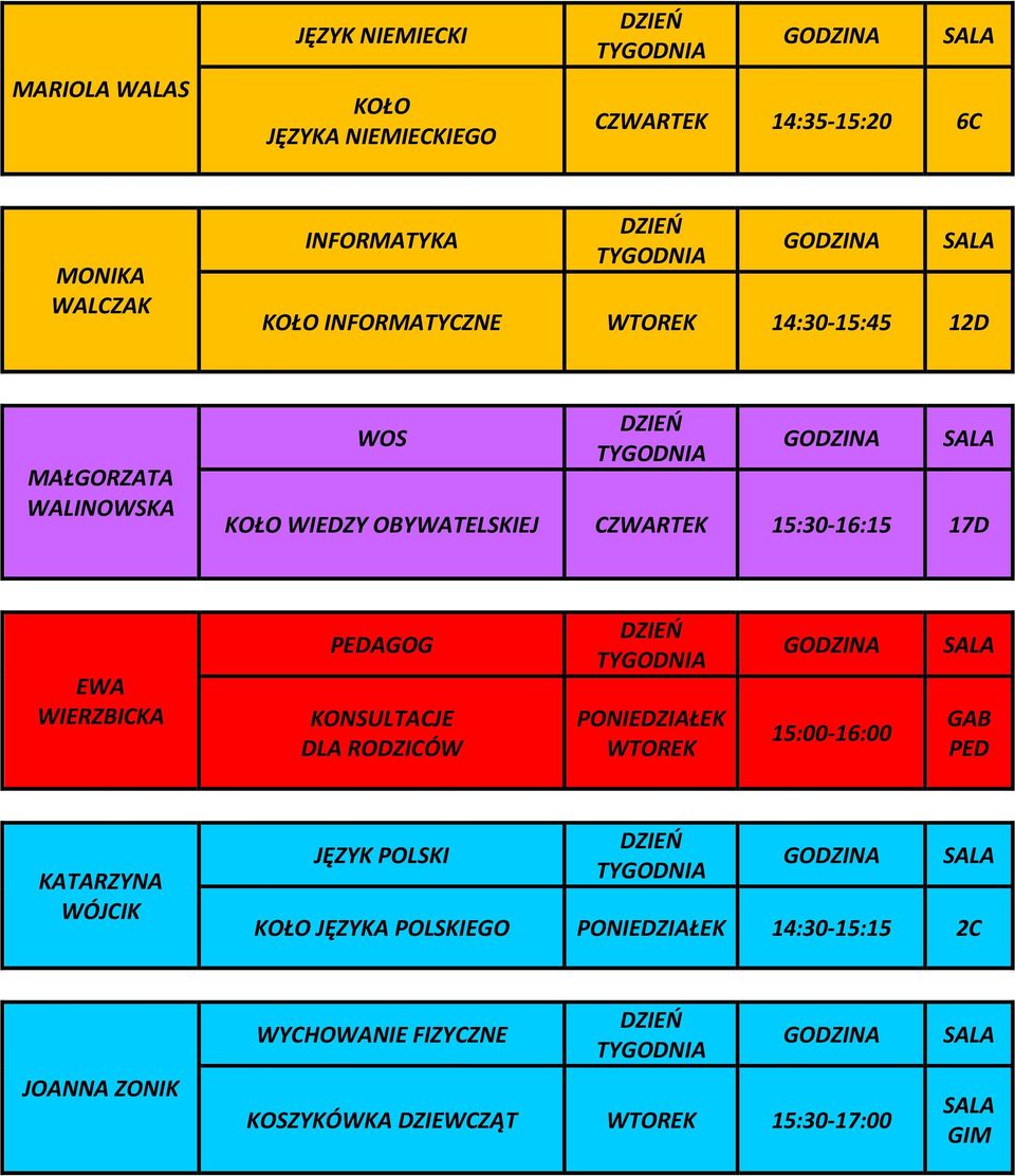 17D EWA WIERZBICKA PEDAGOG KONSULTACJE DLA RODZICÓW PONIEDZIAŁEK WTOREK 15:00-16:00 GAB PED KATARZYNA WÓJCIK