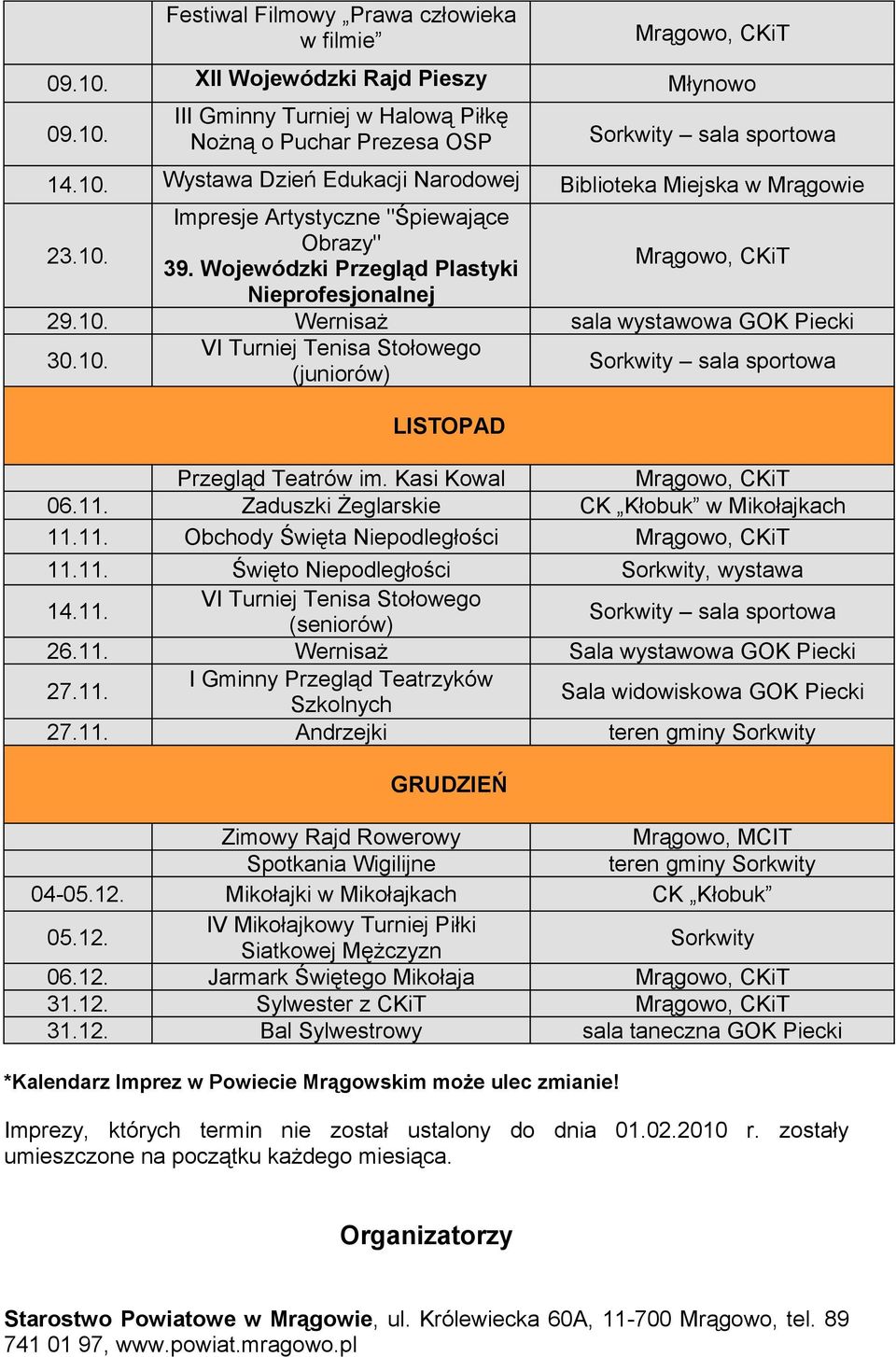 Kasi Kowal 06.11. Zaduszki Żeglarskie CK Kłobuk w Mikołajkach 11.11. Obchody Święta Niepodległości 11.11. Święto Niepodległości, wystawa 14.11. VI Turniej Tenisa Stołowego (seniorów) sala sportowa 26.