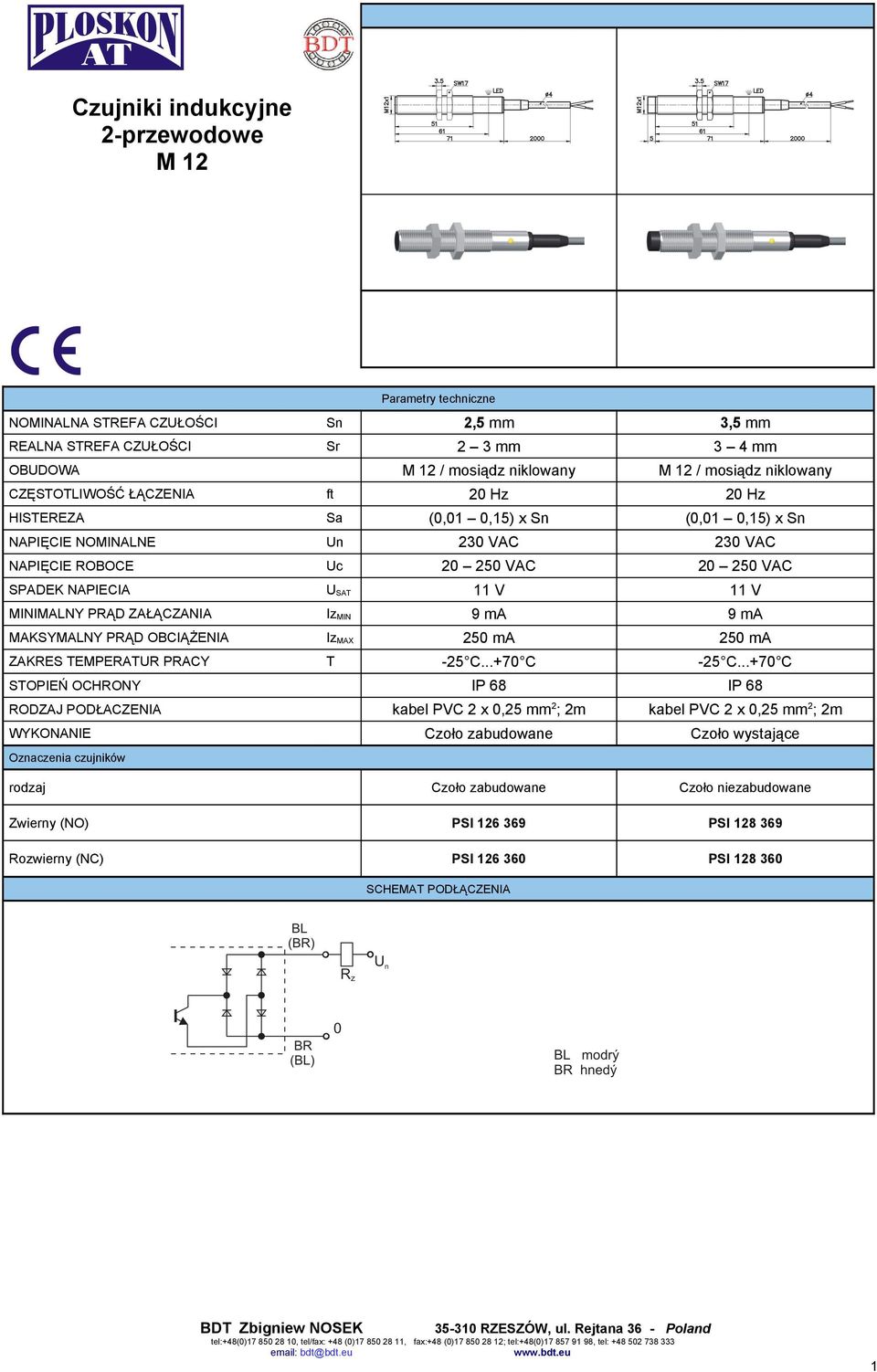 MAKYMALNY MAX ZAKRE EMPERAUR PRACY 50 ma 50 ma kabel PVC x 0,5 mm; m kabel PVC x 0,5 mm; m Czoło zabudowane Czoło wystające Czoło zabudowane Czoło niezabudowane Zwierny (NO)
