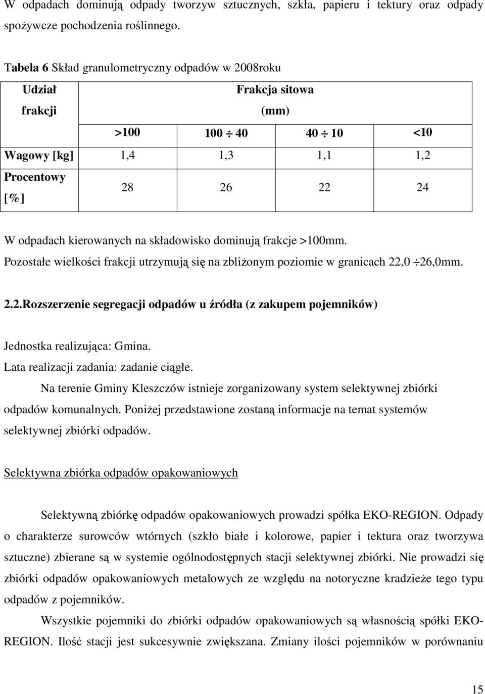 składowisko dominują frakcje >100mm. Pozostałe wielkości frakcji utrzymują się na zbliŝonym poziomie w granicach 22