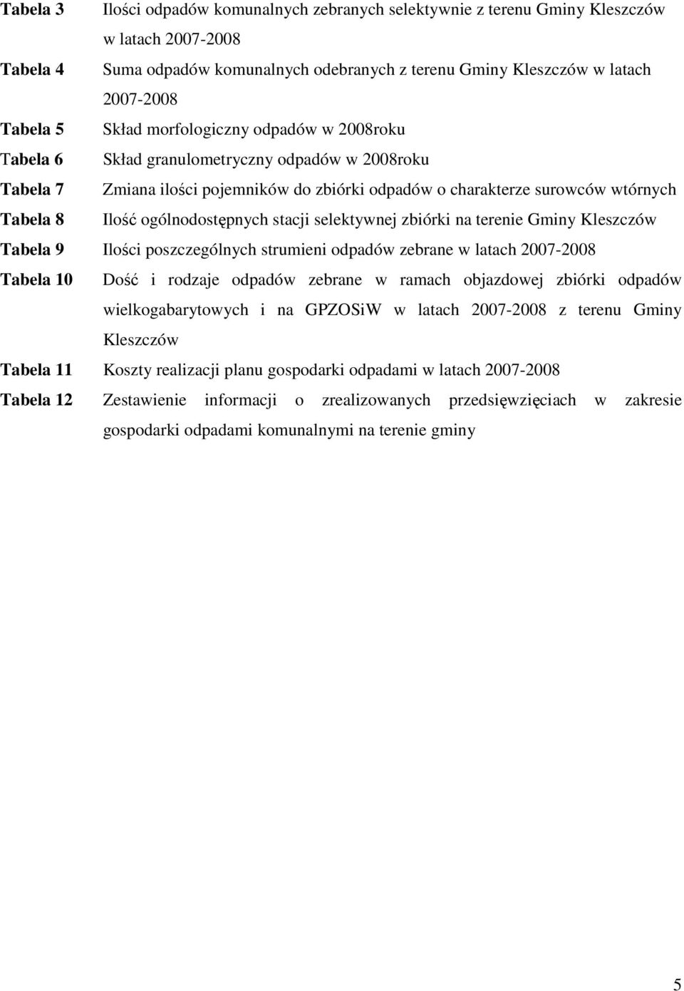 ogólnodostępnych stacji selektywnej zbiórki na terenie Gminy Kleszczów Tabela 9 Ilości poszczególnych strumieni odpadów zebrane w latach 2007-2008 Tabela 10 Dość i rodzaje odpadów zebrane w ramach