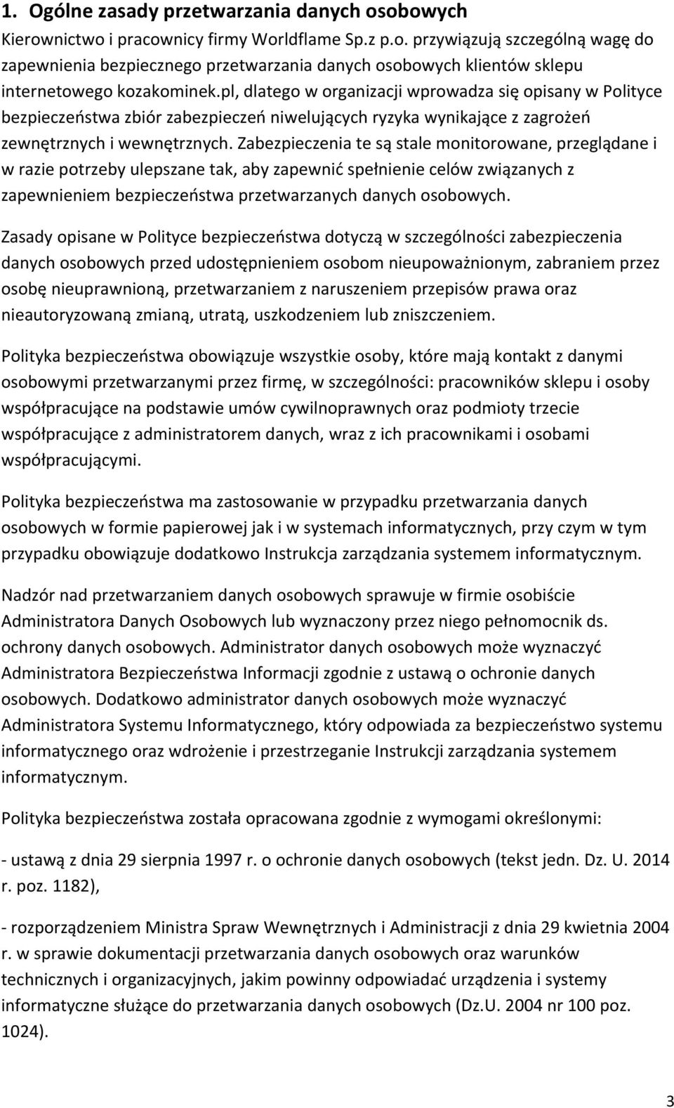 Polityka Bezpieczeństwa Danych Osobowych. w sklepie internetowym  kozakominek.pl prowadzonym przez firmę Worldflame Sp. z o. o. - PDF Darmowe  pobieranie
