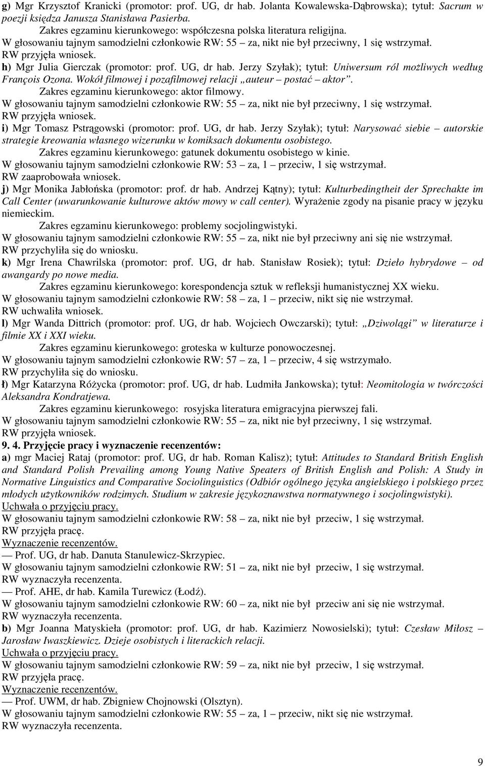 h) Mgr Julia Gierczak (promotor: prof. UG, dr hab. Jerzy Szyłak); tytuł: Uniwersum ról moŝliwych według François Ozona. Wokół filmowej i pozafilmowej relacji auteur postać aktor.