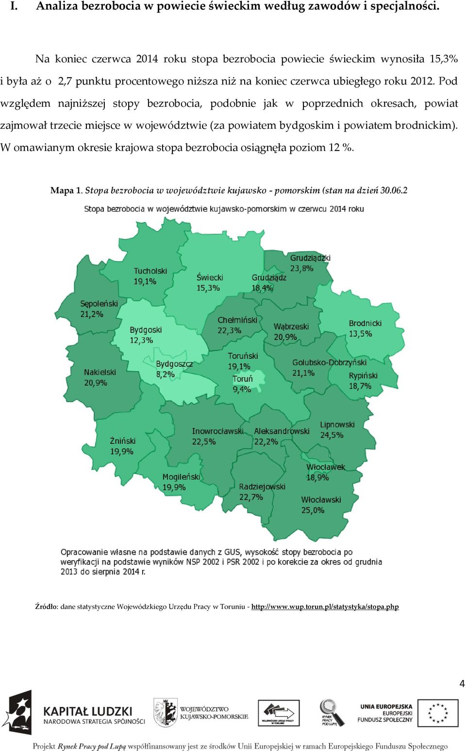 Pod względem najniższej stopy bezrobocia, podobnie jak w poprzednich okresach, powiat zajmował trzecie miejsce w województwie (za powiatem bydgoskim i powiatem