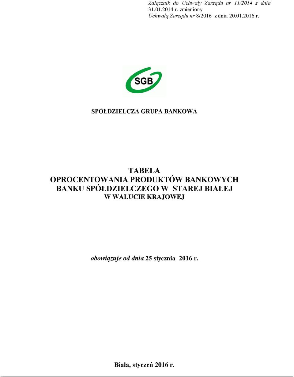 SPÓŁDZIELCZA GRUPA BANKOWA TABELA OPROCENTOWANIA PRODUKTÓW BANKOWYCH BANKU