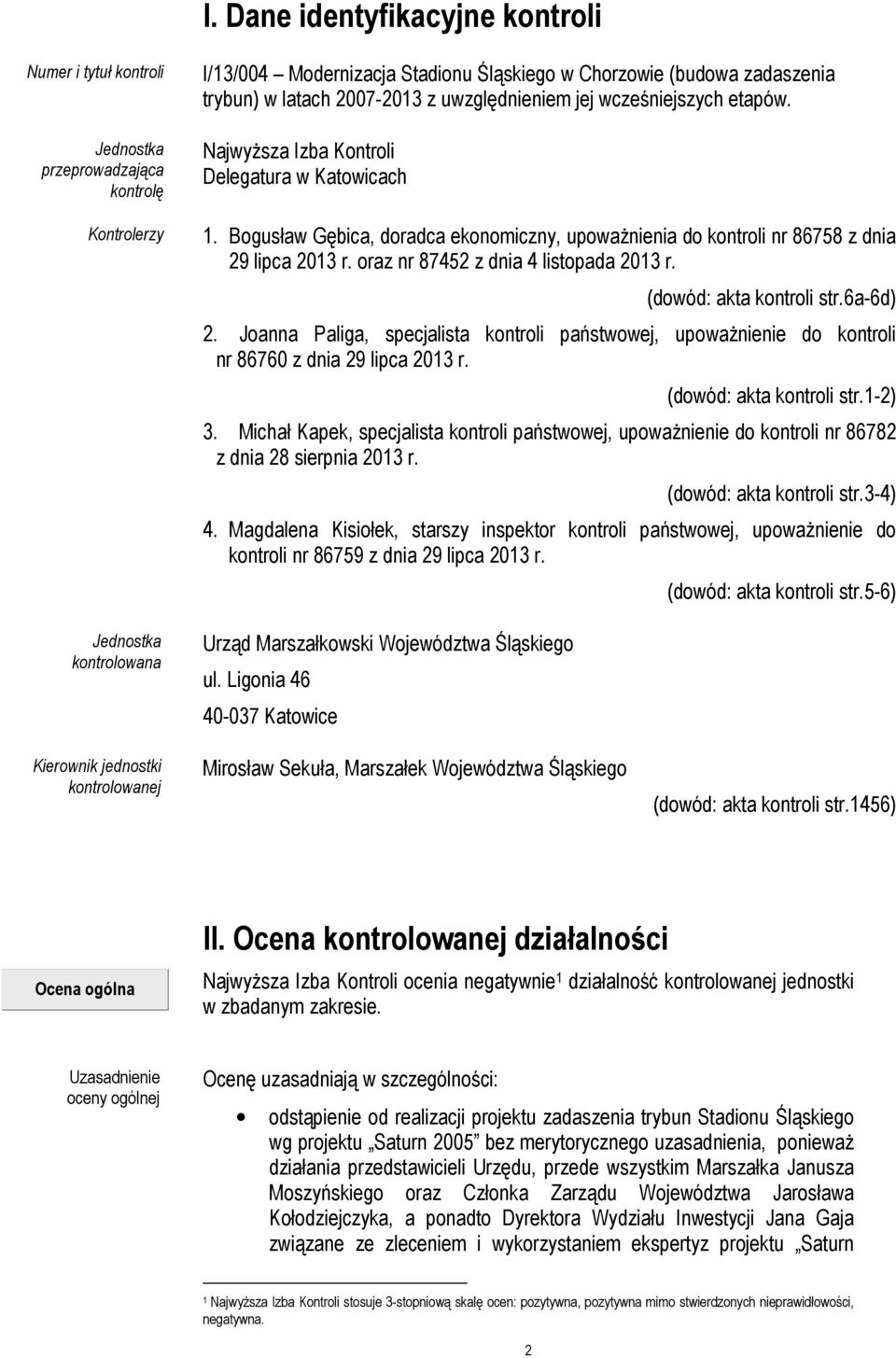 Bogusław Gębica, doradca ekonomiczny, upoważnienia do kontroli nr 86758 z dnia 29 lipca 2013 r. oraz nr 87452 z dnia 4 listopada 2013 r. (dowód: akta kontroli str.6a-6d) 2.