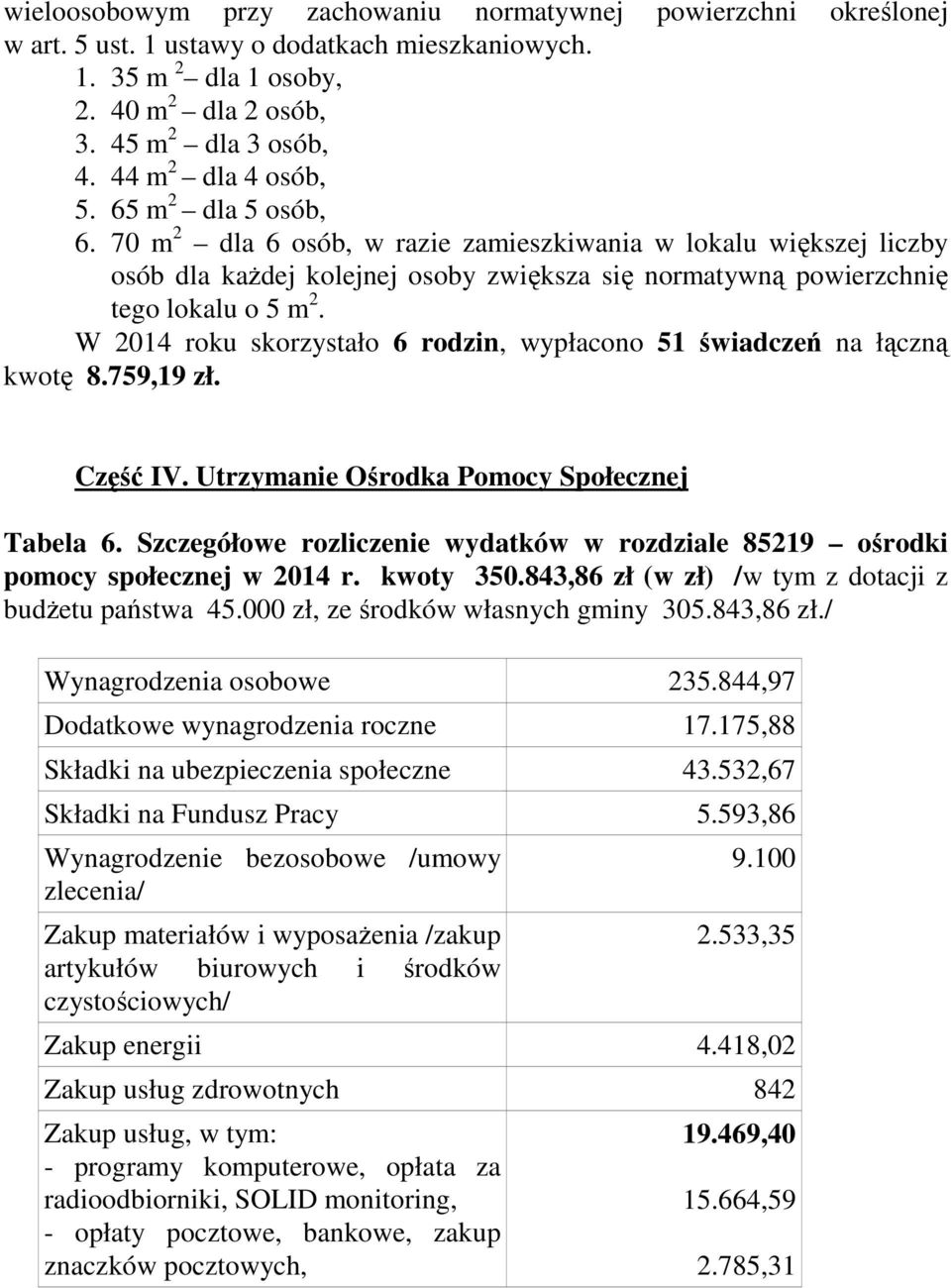 W 2014 roku skorzystało 6 rodzin, wypłacono 51 świadczeń na łączną kwotę 8.759,19 zł. Część IV. Utrzymanie Ośrodka Pomocy Społecznej Tabela 6.