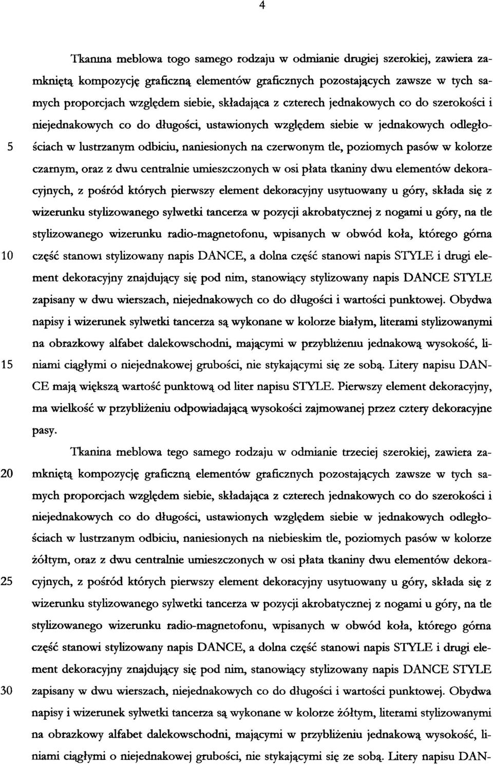 tkaniny dwu elementów dekoracyjnych, z pośród których pierwszy element dekoracyjny usytuowany u góry, składa się z wizerunku stylizowanego sylwetki tancerza w pozycji akrobatycznej z nogami u góry,