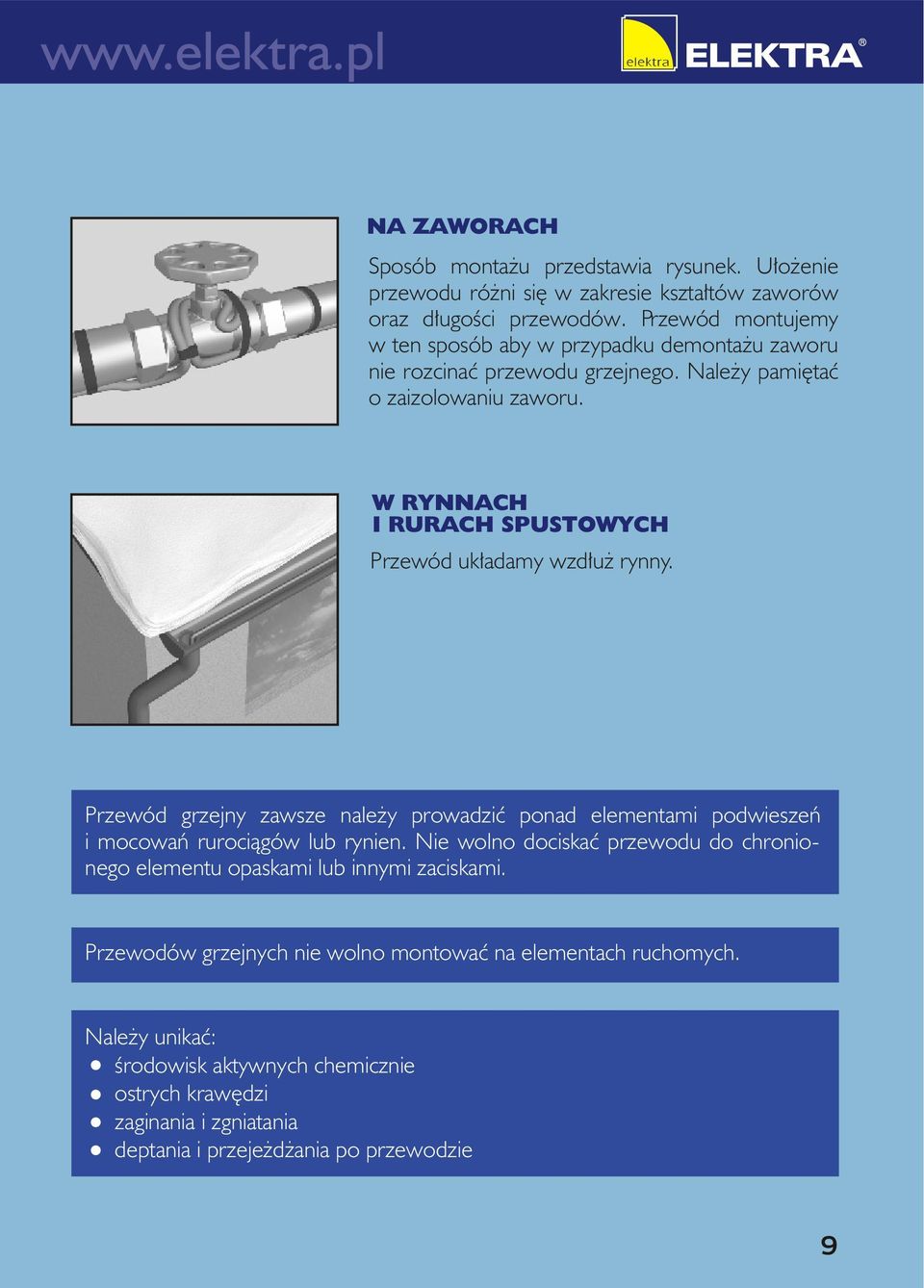 W RYNNACH I RURACH SPUSTOWYCH Przewód uk³adamy wzd³u rynny. Przewód grzejny zawsze nale y prowadziæ ponad elementami podwieszeñ i mocowañ ruroci¹gów lub rynien.