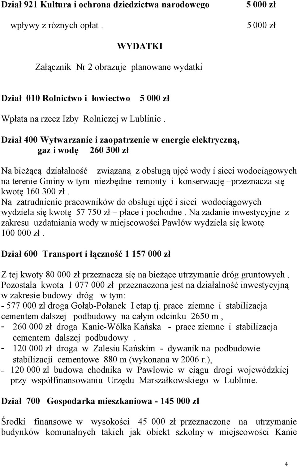Dział 400 Wytwarzanie i zaopatrzenie w energie elektryczną, gaz i wodę 260 300 zł Na bieżącą działalność związaną z obsługą ujęć wody i sieci wodociągowych na terenie Gminy w tym niezbędne remonty i