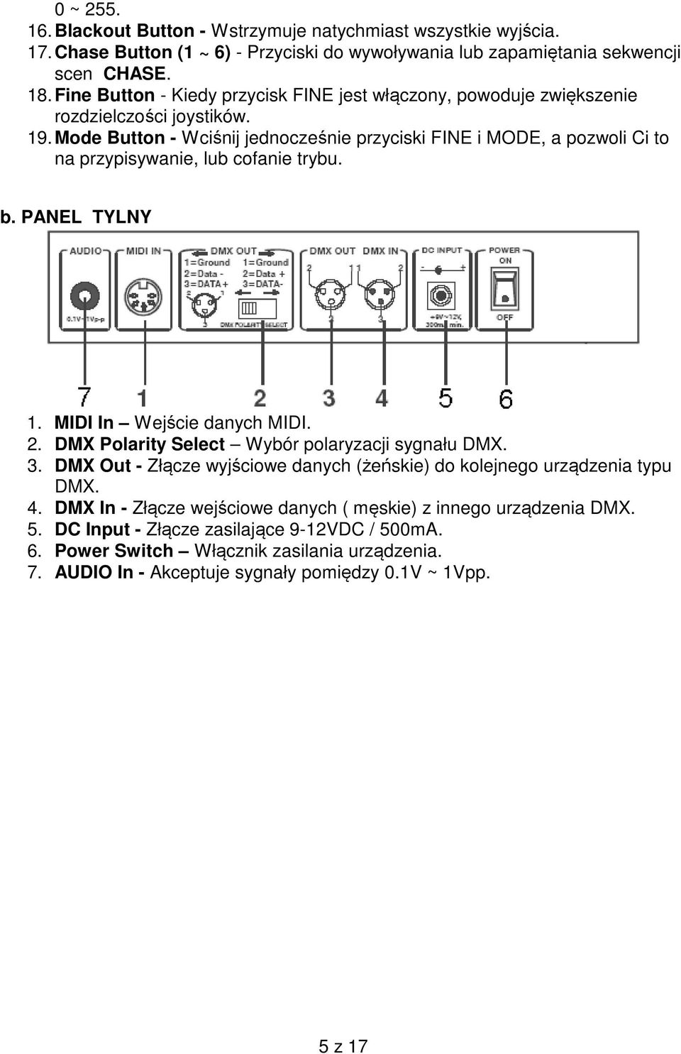 Mode Button - Wciśnij jednocześnie przyciski FINE i MODE, a pozwoli Ci to na przypisywanie, lub cofanie trybu. b. PANEL TYLNY 1. MIDI In Wejście danych MIDI. 2.