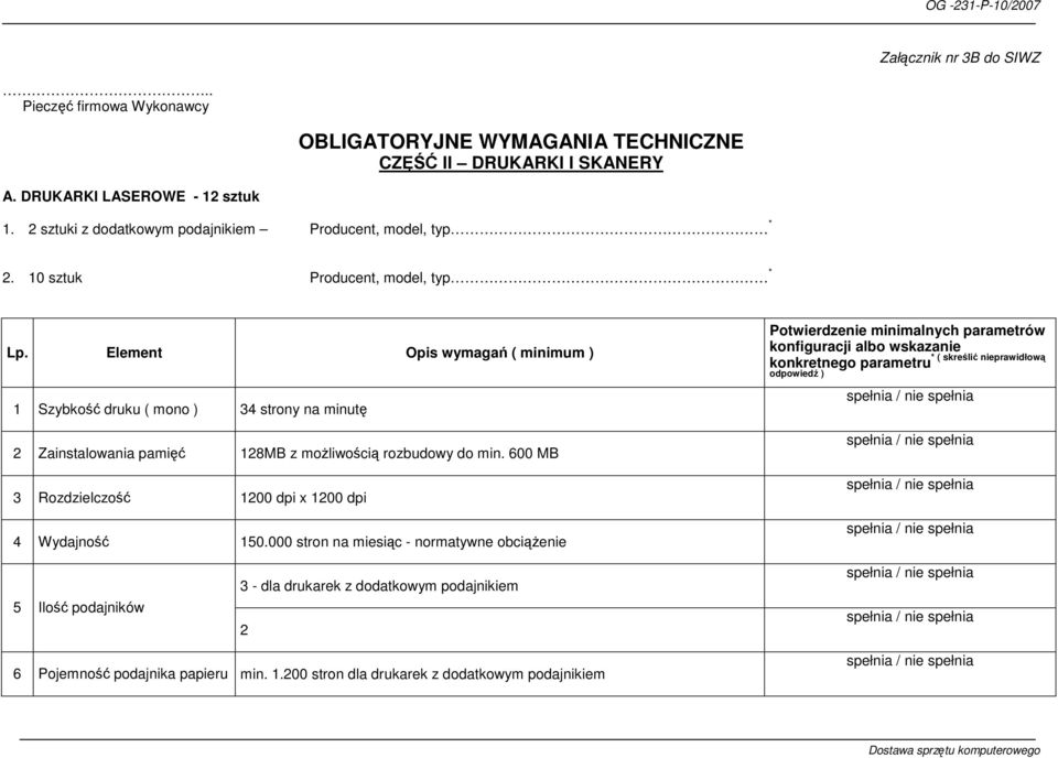 Element Opis wymagań ( minimum ) 1 Szybkość druku ( mono ) 34 strony na minutę 2 Zainstalowania pamięć 128MB z moŝliwością rozbudowy do min.