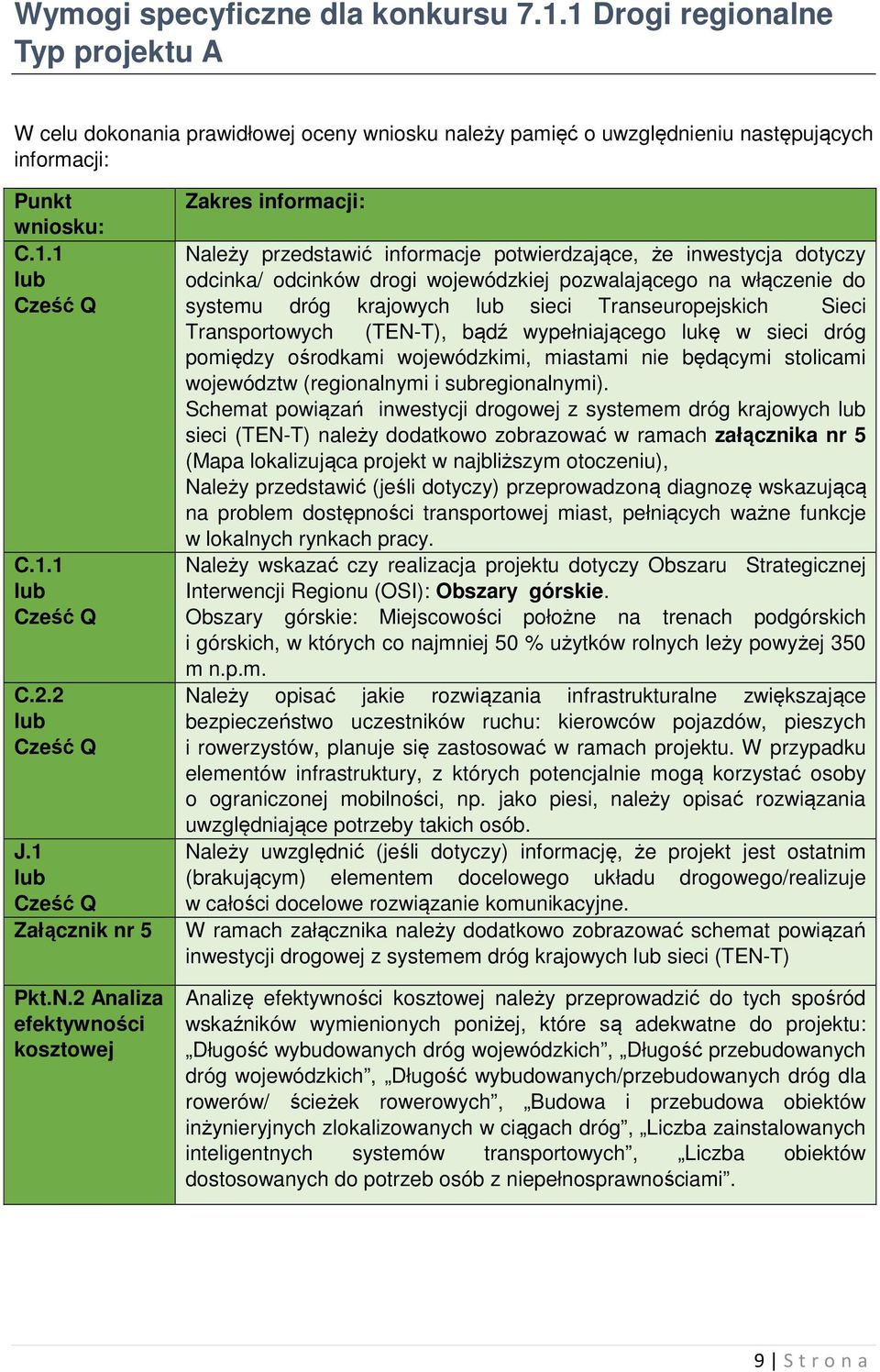 2 Analiza efektywności kosztowej Zakres informacji: Należy przedstawić informacje potwierdzające, że inwestycja dotyczy odcinka/ odcinków drogi wojewódzkiej pozwalającego na włączenie do systemu dróg