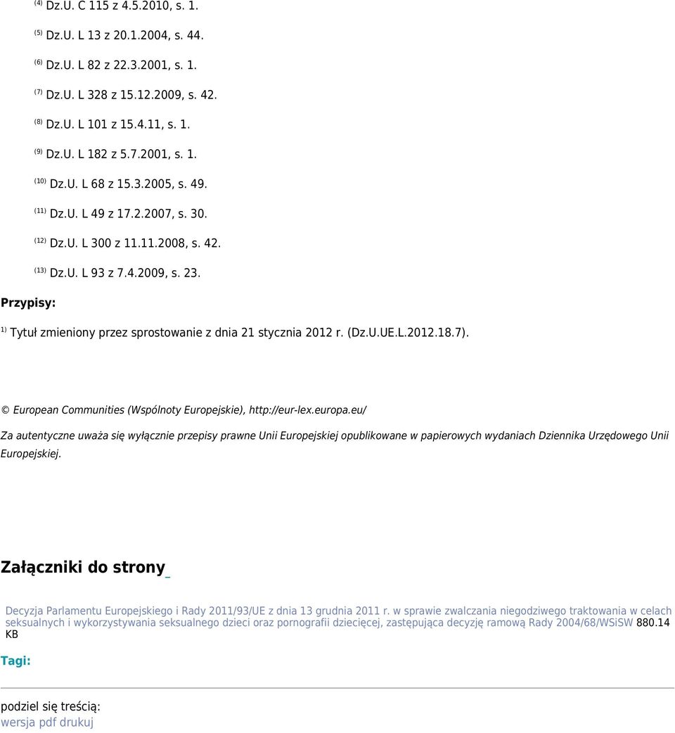 Przypisy: 1) Tytuł zmieniony przez sprostowanie z dnia 21 stycznia 2012 r. (Dz.U.UE.L.2012.18.7). European Communities (Wspólnoty Europejskie), http://eur-lex.europa.