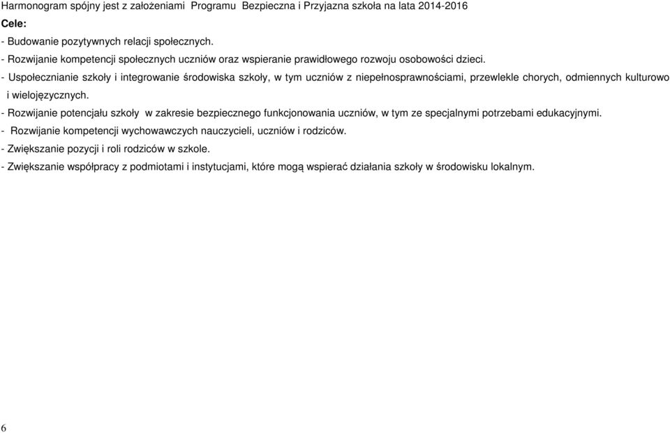 - Uspołecznianie szkoły i integrowanie środowiska szkoły, w tym uczniów z niepełnosprawnościami, przewlekle chorych, odmiennych kulturowo i wielojęzycznych.