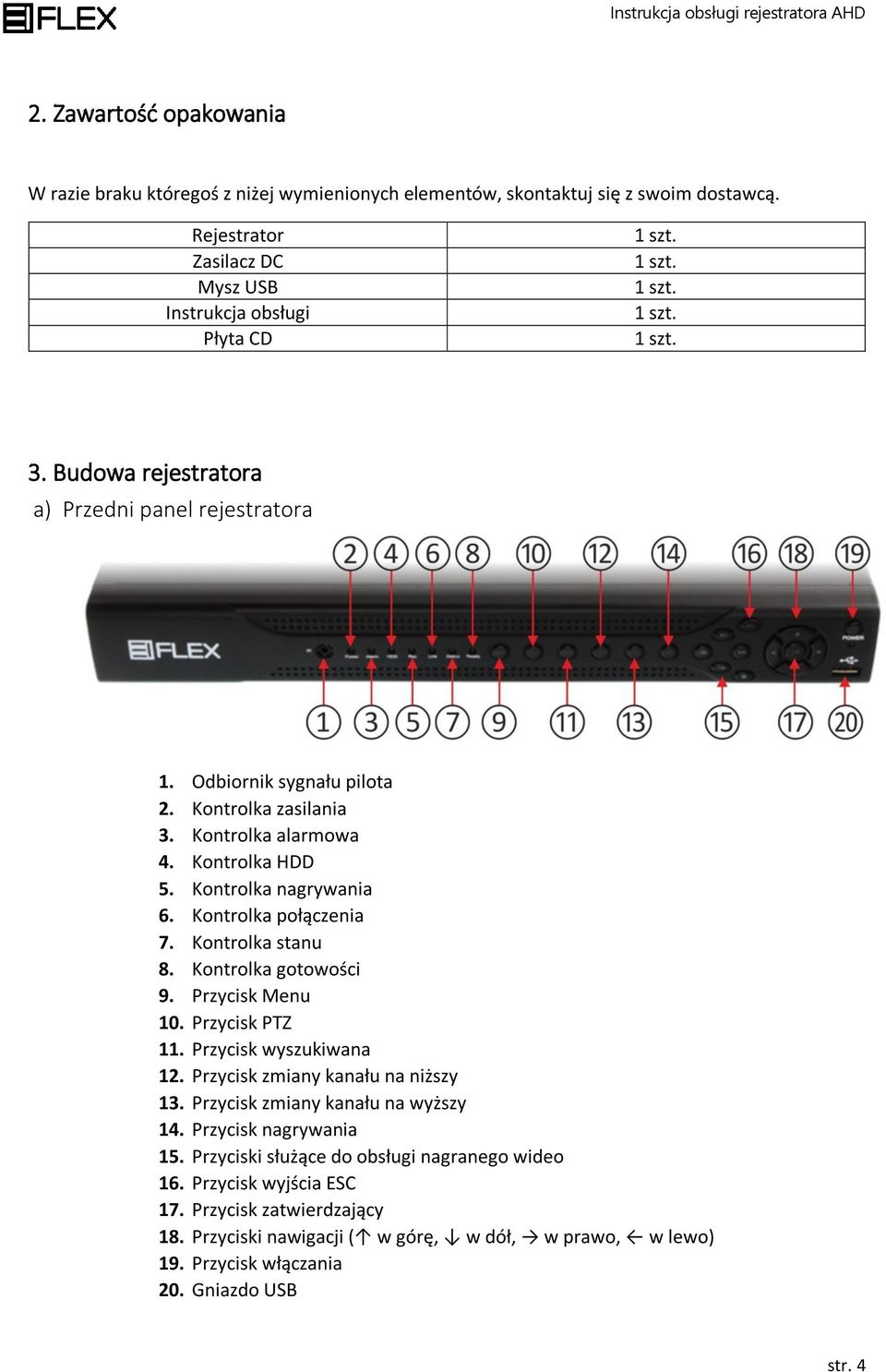 Kontrolka stanu 8. Kontrolka gotowości 9. Przycisk Menu 10. Przycisk PTZ 11. Przycisk wyszukiwana 12. Przycisk zmiany kanału na niższy 13. Przycisk zmiany kanału na wyższy 14. Przycisk nagrywania 15.