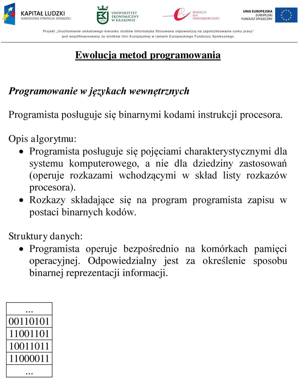 wchodzącymi w skład listy rozkazów procesora). Rozkazy składające się na program programista zapisu w postaci binarnych kodów.