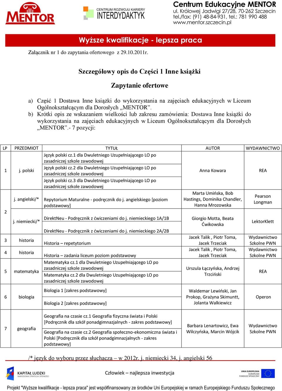 b) Krótki opis ze wskazaniem wielkości lub zakresu zamówienia: Dostawa Inne książki do wykorzystania na zajęciach edukacyjnych w Liceum Ogólnokształcącym dla Dorosłych MENTOR.