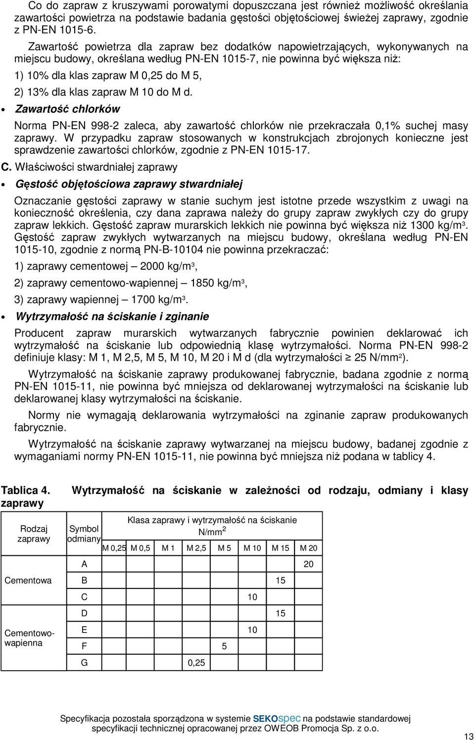 dla klas zapraw M 10 do M d. Zawartość chlorków Norma PN-EN 998-2 zaleca, aby zawartość chlorków nie przekraczała 0,1% suchej masy zaprawy.