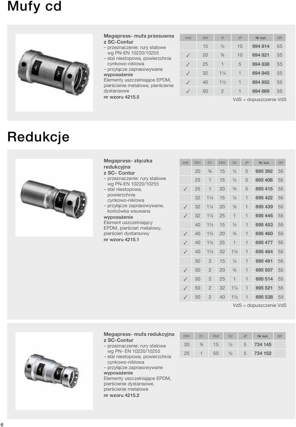 przyłącze zaprasowywane, końcówka wsuwana Element uszczelniający EPDM, pierścień metalowy, pierścień dystansowy nr wzoru 4215.1 VdS DN1 D1 DN2 D2 JP Nr kat.