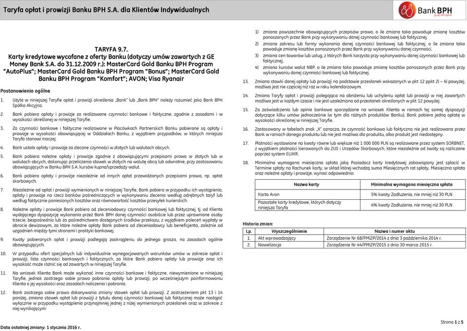 ): MasterCard Gold Program AutoPlus ; MasterCard Gold ; MasterCard Gold ; AVON; Visa Ryanair Postanowienia ogólne 1.