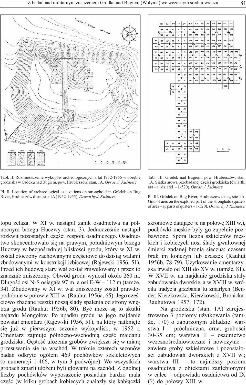 Location of archaeological excavations on stronghold in Gródek on Bug River, Hrubieszów distr., site 1A (1952-1955). Drawn by J. Kuśnierz. Tabl. III. Gródek nad Bugiem, pow. Hrubieszów, stan. 1A. Siatka arowa przebadanej części grodziska (ćwiartki ara a ; działki 1-520).