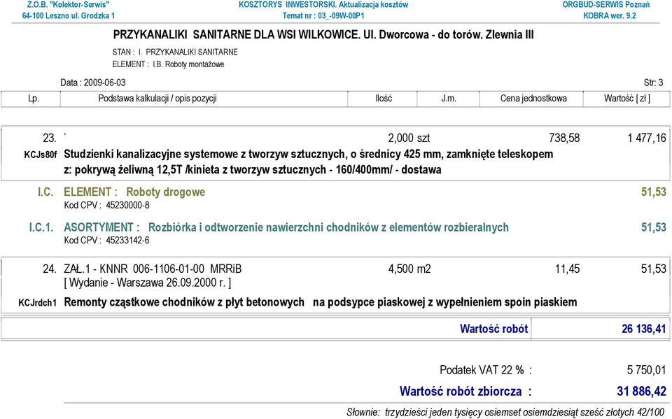 160/400mm/ - dostawa I.C. ELEMENT : Roboty drogowe 51,53 Kod CPV : 45230000-8 I.C.1. ASORTYMENT : Rozbiórka i odtworzenie nawierzchni chodników z elementów rozbieralnych 51,53 Kod CPV : 45233142-6 KCJrdch1 24.