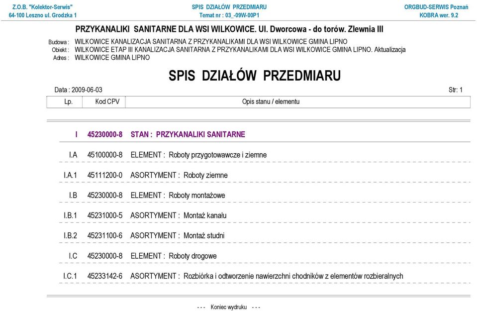 A 45100000-8 ELEMENT : Roboty przygotowawcze i ziemne I.A.1 45111200-0 ASORTYMENT : Roboty ziemne I.B 45230000-8 ELEMENT : Roboty montaŝowe I.B.1 45231000-5 ASORTYMENT : MontaŜ kanału I.B.2 45231100-6 ASORTYMENT : MontaŜ studni I.