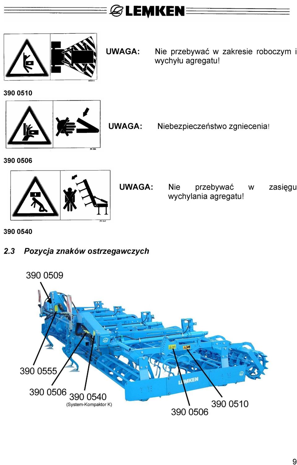 390 0510 UWAGA: Niebezpieczeństwo zgniecenia!