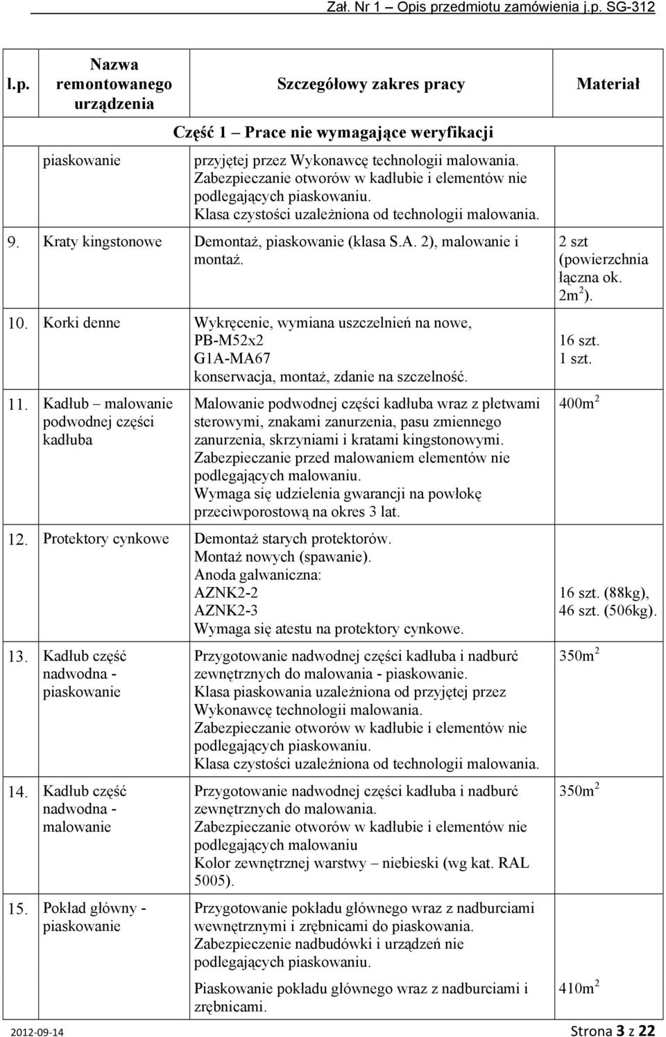 2), malowanie i montaż. 1. Korki denne Wykręcenie, wymiana uszczelnień na nowe, PB-M52x2 G1A-MA67 konserwacja, montaż, zdanie na szczelność. 2 szt (powierzchnia łączna ok. 2m 2 ). 16 szt. 11.