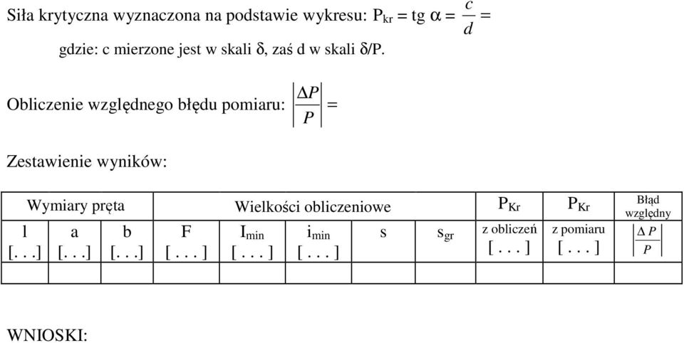 Oblicenie wględnego błędu pomiaru: P P = Zestawienie wyników: l [.