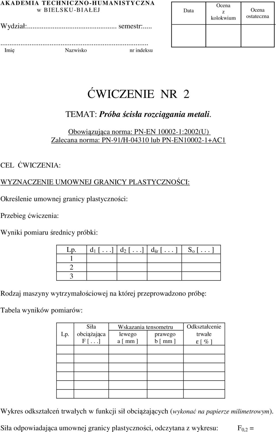 plastycności: Prebieg ćwicenia: Wyniki pomiaru średnicy próbki: Lp.