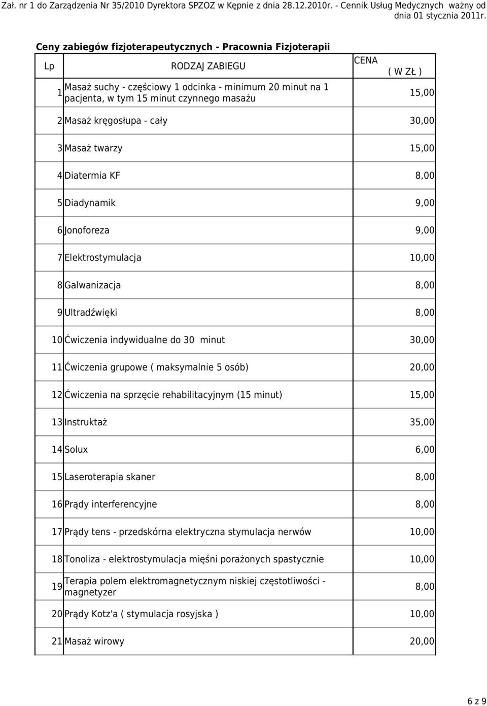 minut 30,00 11 Ćwiczenia grupowe ( maksymalnie 5 osób) 20,00 12 Ćwiczenia na sprzęcie rehabilitacyjnym (15 minut) 15,00 13 Instruktaż 35,00 14 Solux 6,00 15 Laseroterapia skaner 8,00 16 Prądy