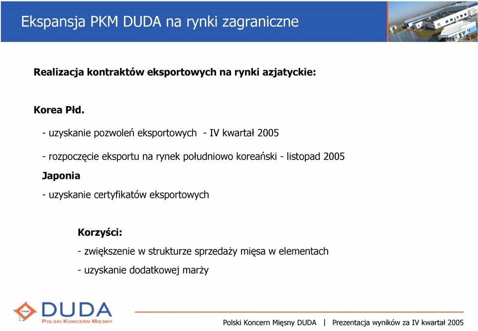 - uzyskanie pozwoleń eksportowych - IV kwartał 2005 -rozpoczęcie eksportu na rynek