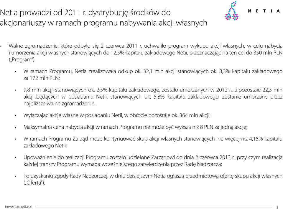 Programu, Netia zrealizowała odkup ok. 32,1 mln akcji stanowiących ok. 8,3% kapitału zakładowego za 172 mln PLN; 9,8 mln akcji, stanowiących ok. 2,5% kapitału zakładowego, zostało umorzonych w 2012 r.